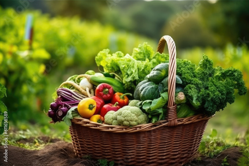  fresh vegetables in a basket. On a background of nature © STORYTELLER AI