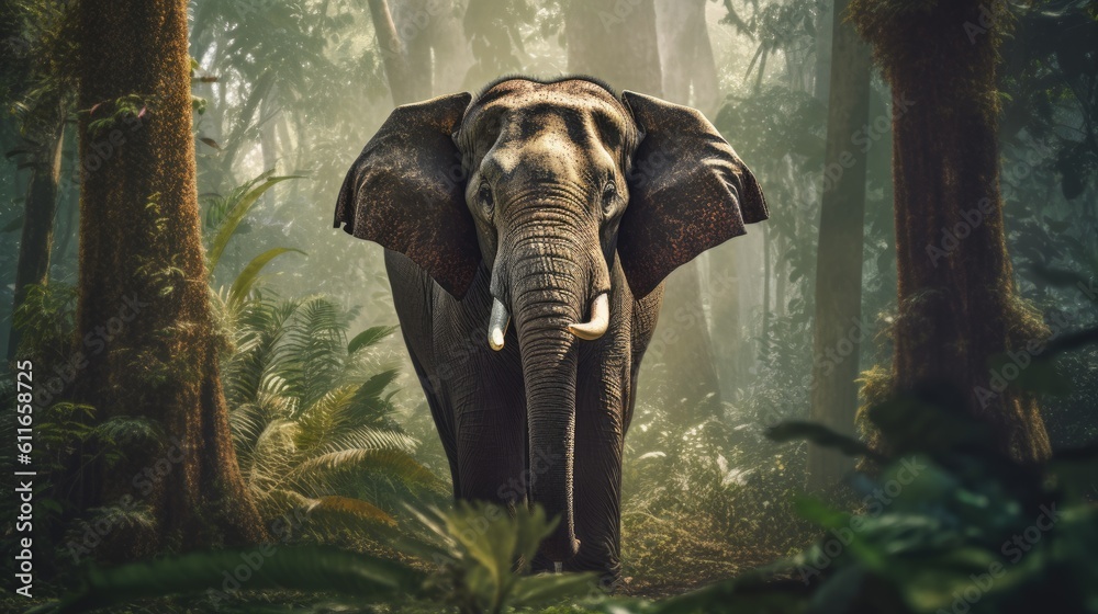 Fototapeta premium Animal. Thai elephant in the forest. Generative Ai.