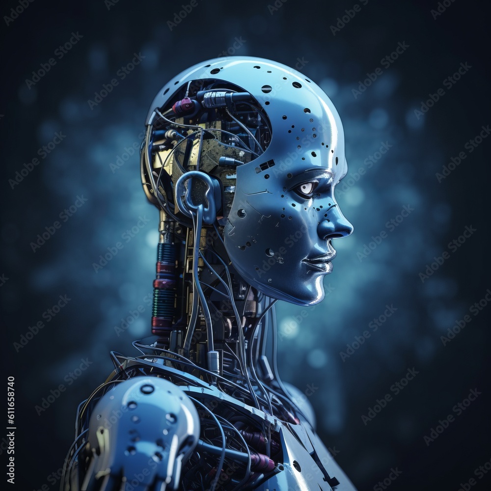 Side view of human robot with wires inside of head looking away in cyberspace, cyborg or android concept. Smart robot with conscience, generative ai image with dark background. Side view of human robot with wires inside of head looking away in cyberspace, cyborg or android concept. Smart robot with conscience, generative ai image with dark background.