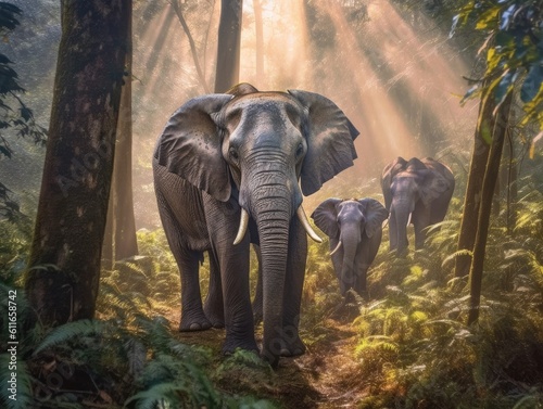 Animal. Thai elephants in the forest. Generative Ai.