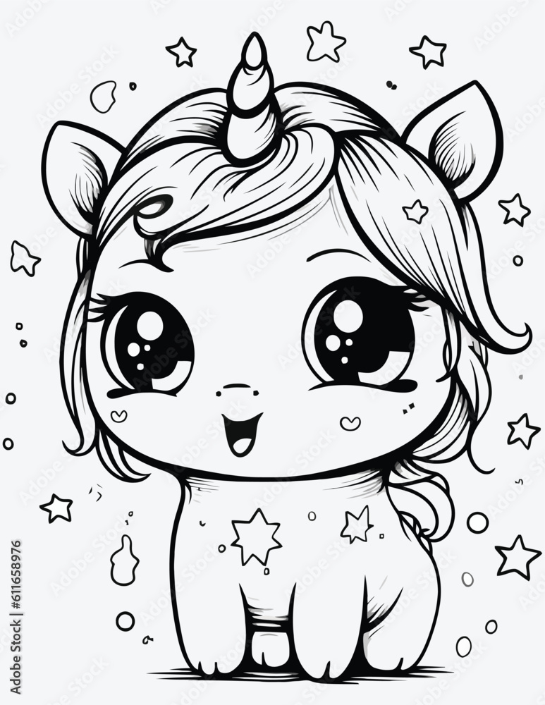 Unicorn coloring page for kids, Cute kawaii unicorn coloring page ...