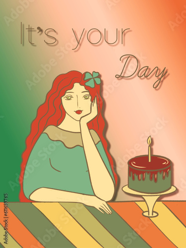 Postcard cute girl sitting with a cake, happy birthday, it's your day, a candle on the cake, cartoon style