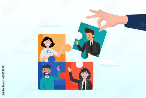 Businessman hand HR put new joiner to connect jigsaw puzzle, new joiner to fill in team and solve problem, teamwork, put right man in the right job to fit job description concept (Vector)