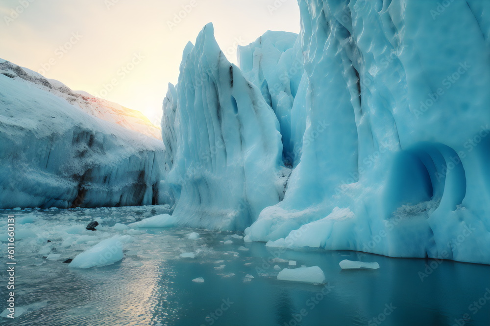 tall glacier ice melting into water from climate change, made with generative ai