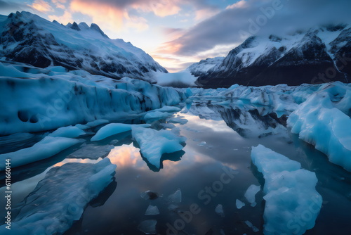 glacier ice melting into water at dusk, made with generative ai