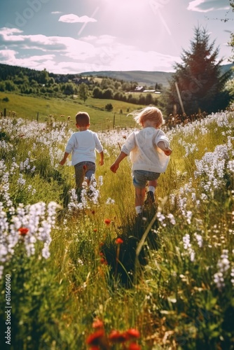 Back view of young children running over a blossoming meadow on a sunny summer day