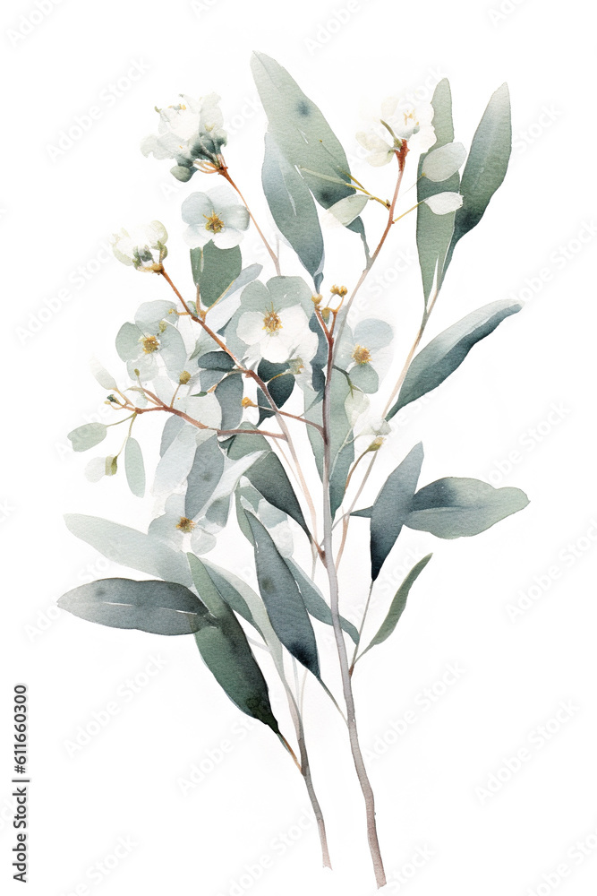 A watercolor painting of eucalyptus leaves and flowers. Generative AI.