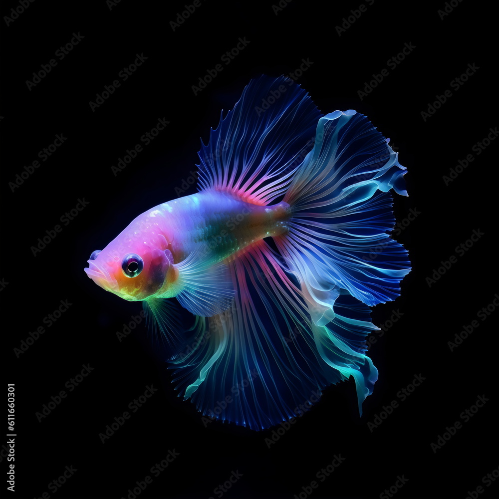 beautiful neon transparent fish with flowing fins on black background, generative ai	