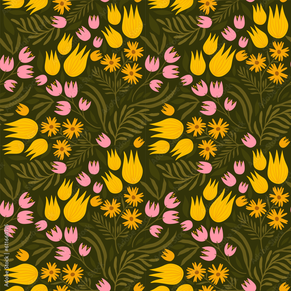 endless flower meadow of hand drawn plants. vegetable botanical background. endless pattern of flowers, twigs, leaves for fabric, wallpaper, posters, paper.
