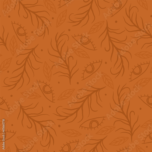 mystical pattern with eyes and plants. terracotta background with twigs.