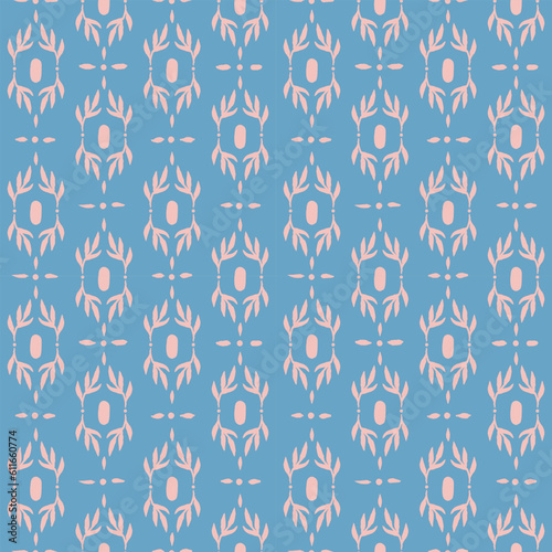 blue background with geometric sprigs of plants. vintage endless baroque pattern.