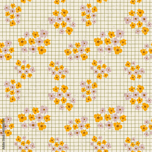 checkered background with flat flowers. endless pattern for kitchen tablecloth.