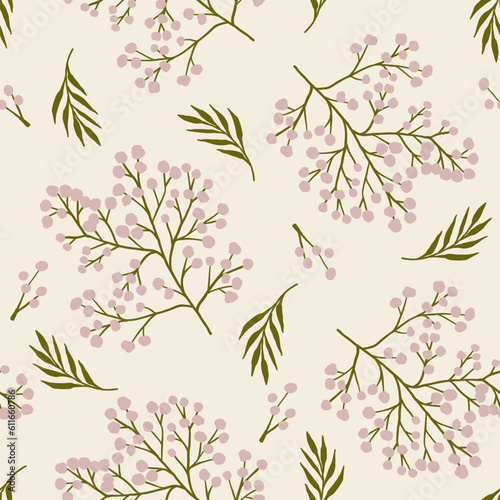 delicate flowers and twigs hand-drawn. beige floral pattern. flat branches.