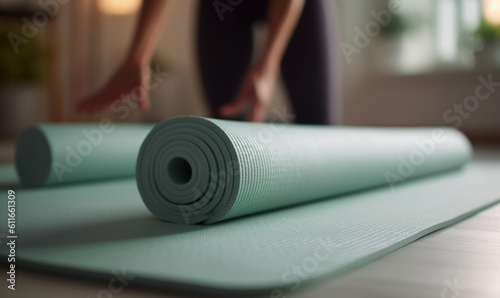 Yoga at home active lifestyle woman exercise mat in living room for morning meditation yoga banner background.
