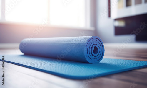 Yoga at home active lifestyle woman exercise blue mat in living room for morning meditation yoga banner background.