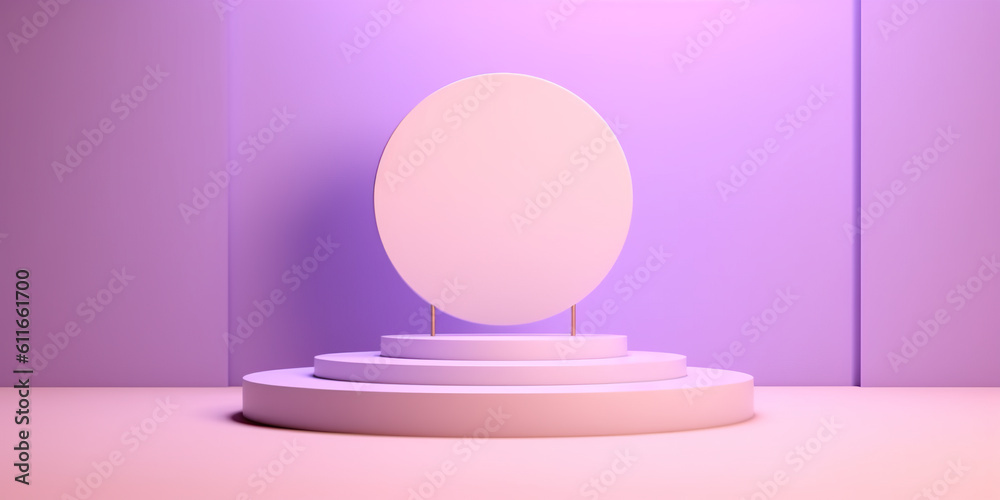Round podium on light purple background. Lavender and lilac colors, monochromatic product stage, Generative AI.