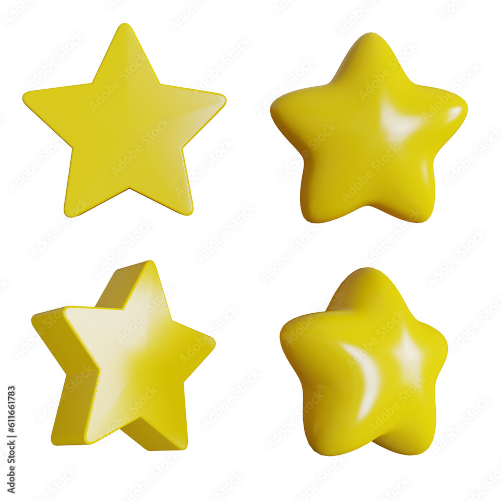 3d render yellow stars icon pack on transparent background Stock ...