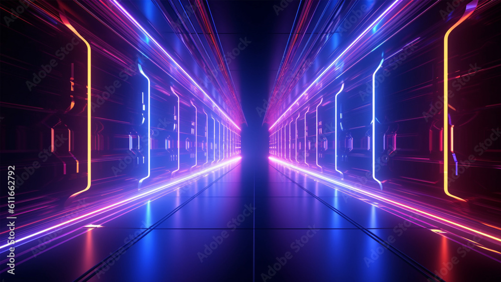 neon electric vibe 3d illustration gaming tunnel future technology corridor dark night