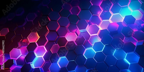 Abstract and Futuristic Hexagonal Background with Colorful and Glowing Neon Effect. Modern Technology Background. Generative AI