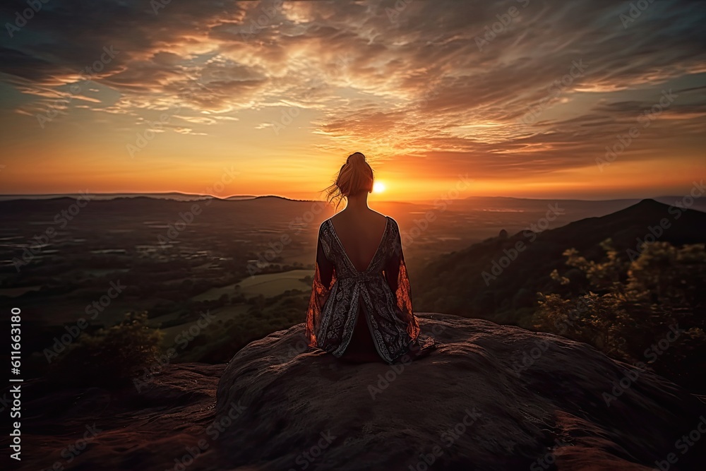 Meditating on a hilltop during a beautiful sunset
