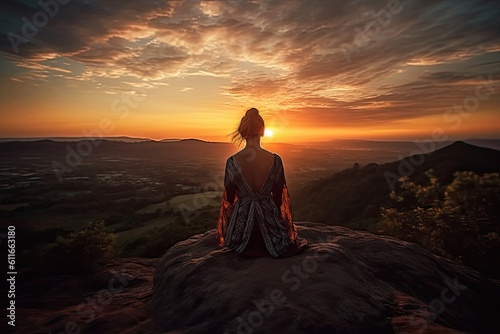 Meditating on a hilltop during a beautiful sunset