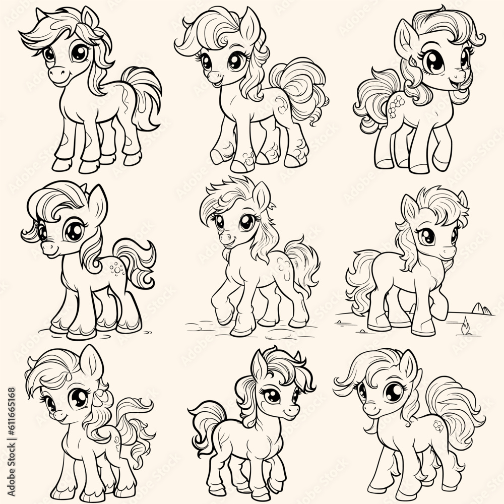 Animals collection set pack of pony coloring page for children.Сartoon style hand drawing vector illustration in black outline on a white background