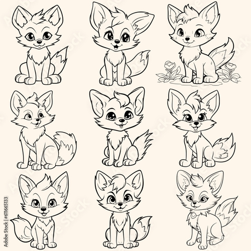Animals collection set pack of foxes coloring page for children.Сartoon style hand drawing vector illustration in black outline on a white background