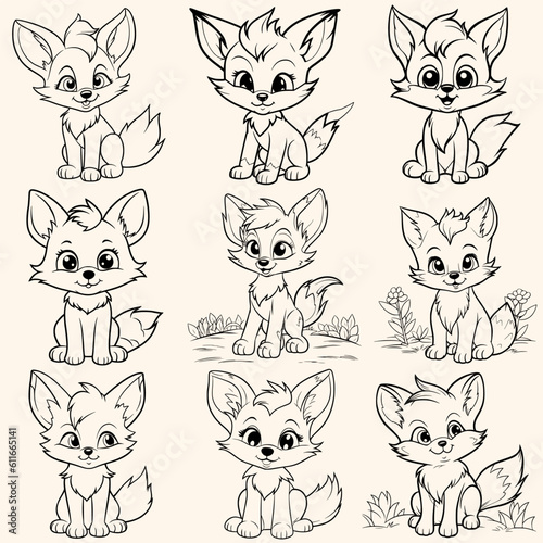 Animals collection set pack of foxes coloring page for children.Сartoon style hand drawing vector illustration in black outline on a white background