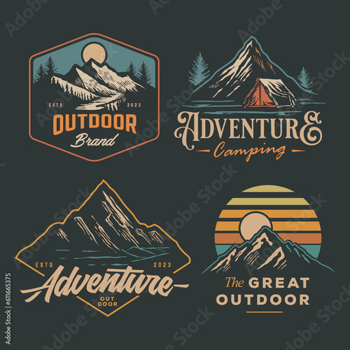 set collection of vintage adventure badge. Camping emblem logo with mountain illustration in retro hipster style.