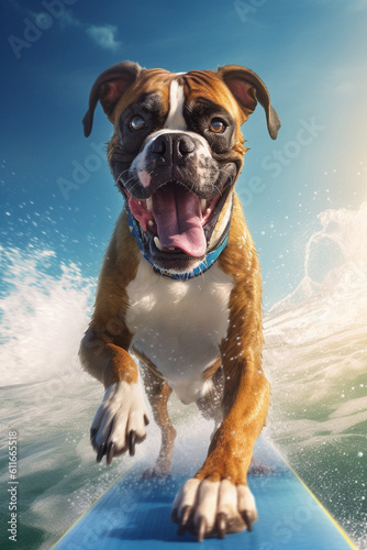cooler fröhlicher Boxer Hund beim surfen auf einem Surfboard im Meer mit großen Wellen in Action. Hochformat. Hochkant. Generative Ai. © Michael