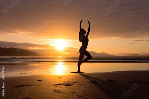 Woman doing yoga on a beach at sunrise