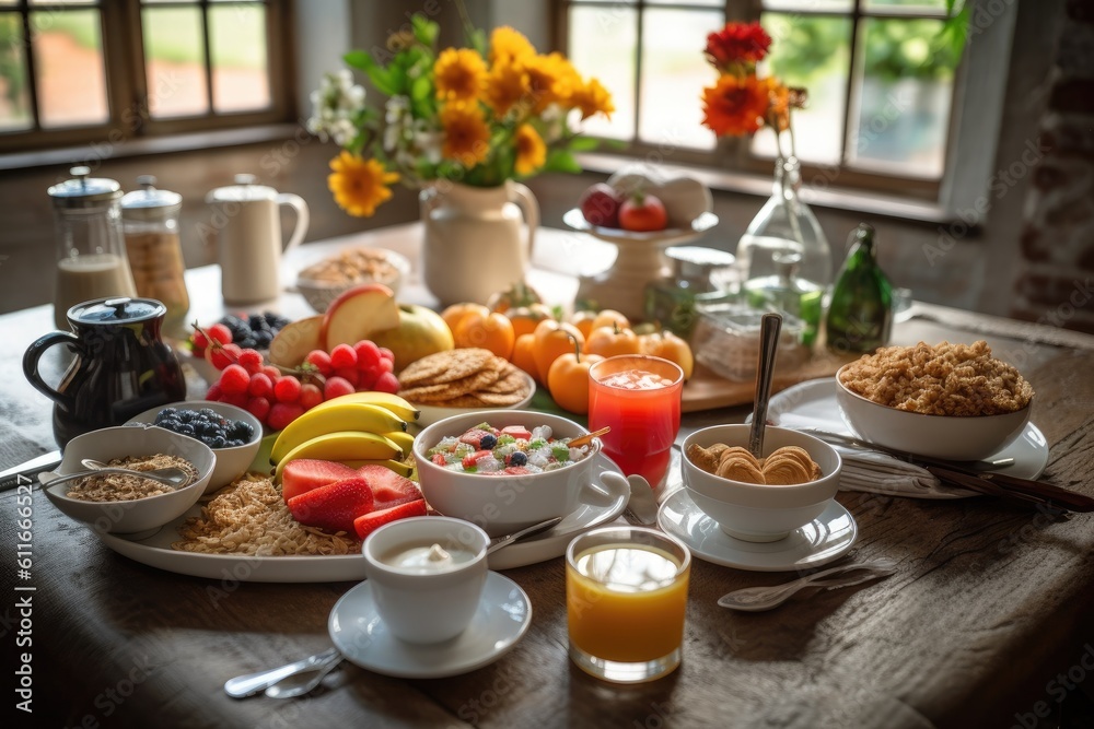Table with a healthy breakfast spread Table with a healthy breakfast spread