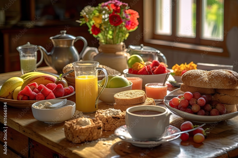 Table with a healthy breakfast spread Table with a healthy breakfast spread