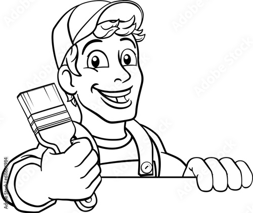 A painter decorator construction handyman cartoon man holding a paintbrush brush. Peeking over a sign