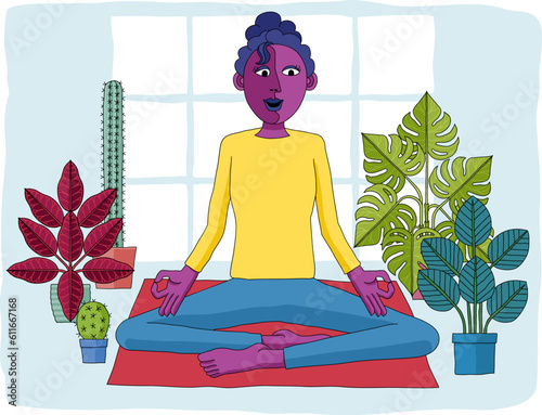 A woman meditating or doing yoga or Pilates. An illustration in an original abstract cubist flat modern cartoon style.