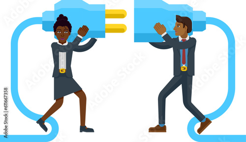 Two business people plugging connecting together electrical plug conceptual illustration