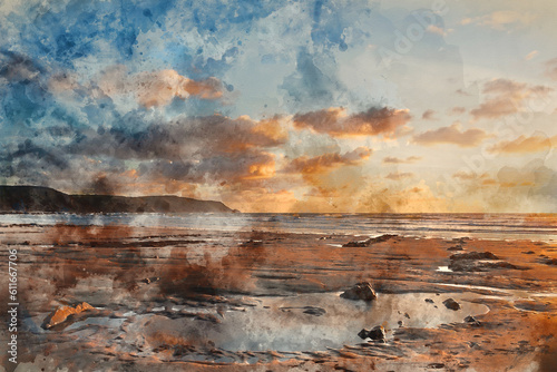 Digital watercolour painting of Stunning Summer sunset landscape image of Widemouth Bay in Devon England with golden hour light on beach photo