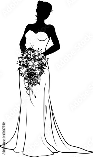 A woman bride in a bridal wedding dress in a silhouette