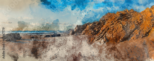 Schilderij op canvas Digital watercolour painting of Stunning Summer sunset landscape image of Widemo