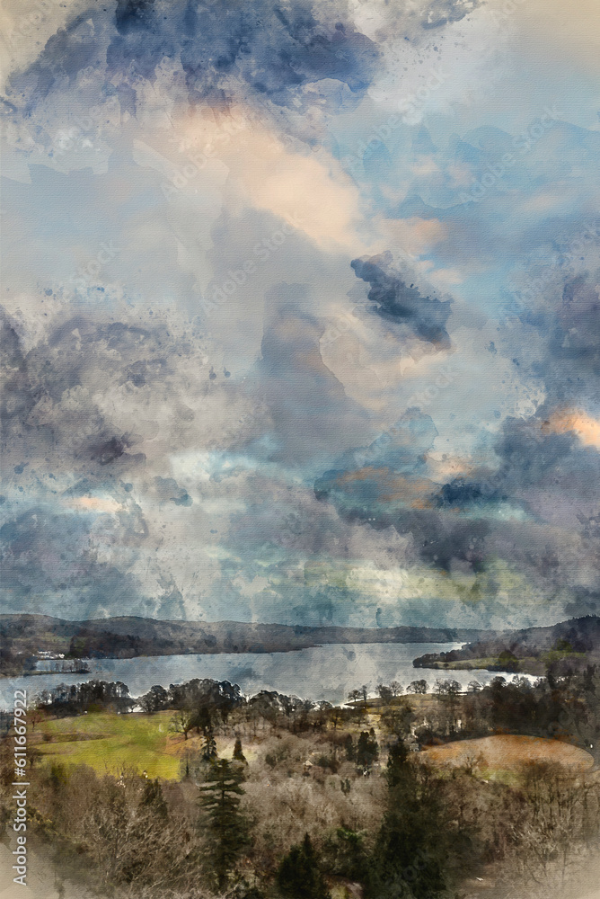 Digital watercolour painting of Stunning wide vista landscape view from Todd Crag in Lake District on a Winter evening with dramatic sky above