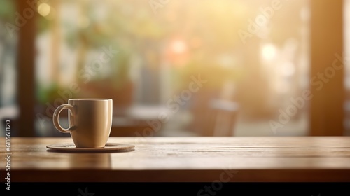 The coffee cup is closed up on a wooden table in the coffee shop near the window, illuminated by warm afternoon light, and there is copy space available for content and banner, ai generative 