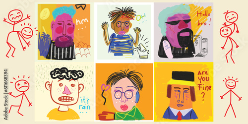Set of funny boy, man portrait character rough hand drawn vector illustration.