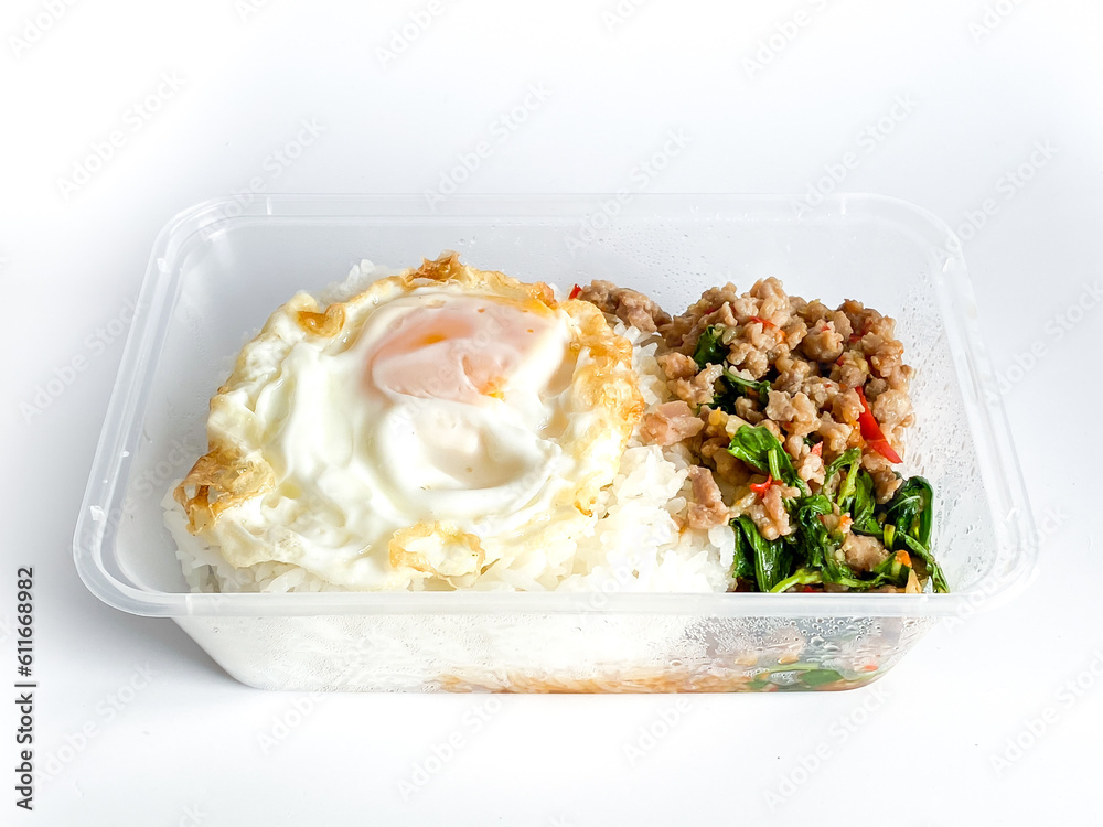 Rice topped with pork with Thai basil and fried egg