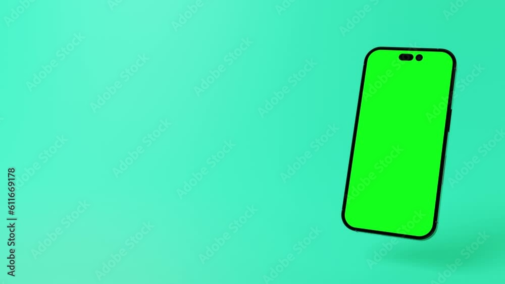 3D Animation Modern smartphone with green screen on display to place content hovering into frame from top. Cyan Background 3D Animation Modern smartphone with green screen on display to place content hovering into frame from top. Cyan Background