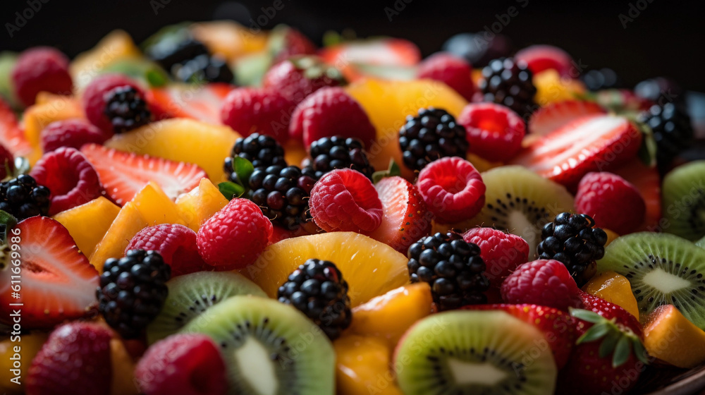 Obraz premium A close-up of a vibrant fruit salad, featuring a variety of colorful fruits