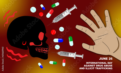 silhouette of black skull with drugs and syringe and hand with STOP gesture. commemorate International Day Against Drug Abuse and Illicit Trafficking on 26 June
