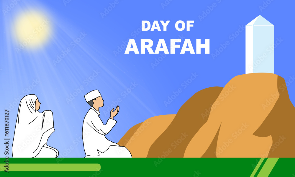 a Muslim couple praying in the desert of Arafah or Arafat and bold text ...
