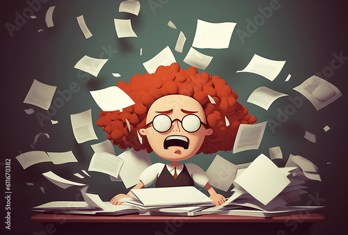 Cartoon office worker overwhelmed with paperwork. Generative AI.