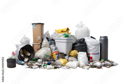 Pile of garbage with plastic bags, ecology concept isolated on transparent background. Generative AI	