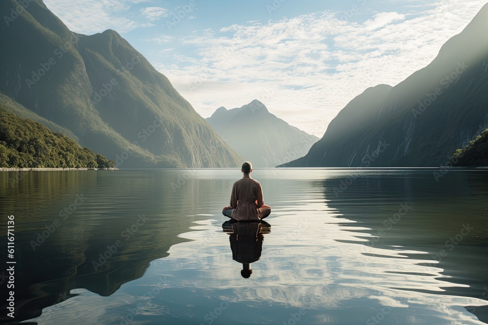 Meditating on the edge of a calm lake